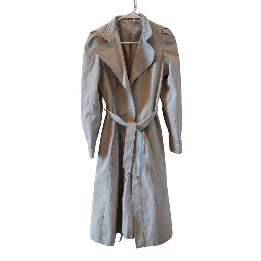 Vintage‎ Gray Trench Coat Button Up With Belt and Embellished Cuffs Size 5